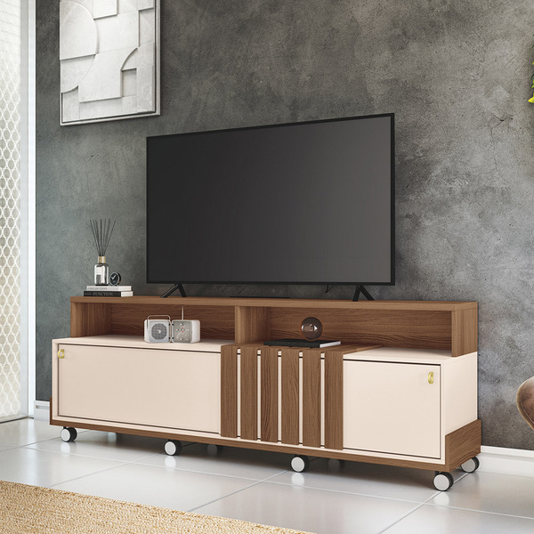 Painel Para Tv 70" Bancada Com Rodízio Karen 1.8 Castanho/off