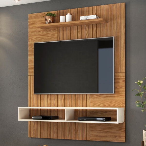 Painel Para Tv Alef Com Prateleira E Frisos Carvalho Creme