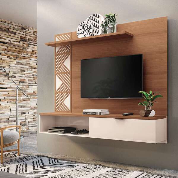 Painel Para Tv Até 50 Polegadas Grid Marrom Nature E Off White