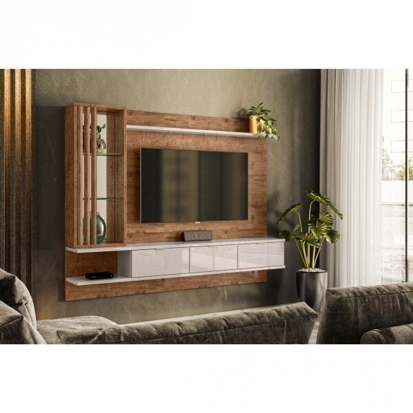 Painel Para Tv Até 55 Polegadas Com Espelho E Prateleiras De