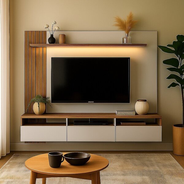 Painel Para Tv Até 65 Polegadas Com Led 3 Gavetas Nichos Ripa