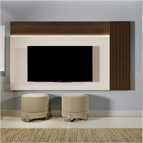 Painel Para Tv Até 75" Com Detalhe Ripado E Iluminação De Led