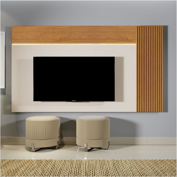 Painel Para Tv Até 75" Com Detalhe Ripado E Iluminação De Led