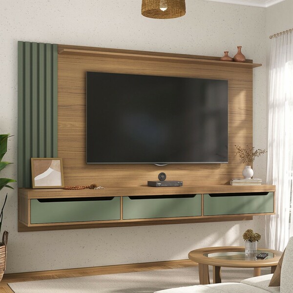 Painel Para Tv Até 75 Polegadas Luxo 3 Gavetas Carvalho/menta
