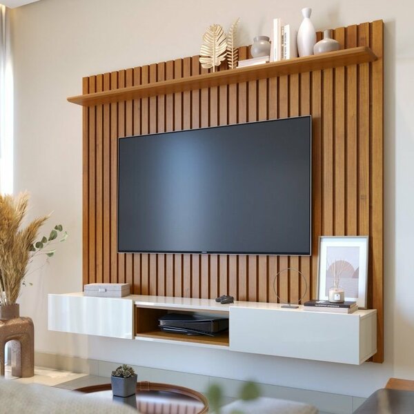 Painel Para Tv Até 75 Polegadas Ripado Com Prateleira E Com N