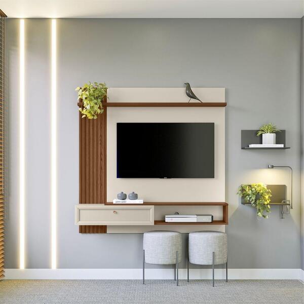 Painel Para Tv Borussia Com Ripas Freijo Off White