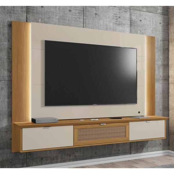 Painel Para Tv Com Porta Efeito Palha E Led Catarina Off Whit