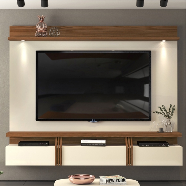 Painel Para Tv Com Prateleira E Led Creme Caiena