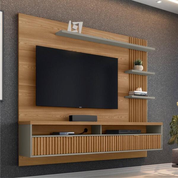 Painel Para Tv Com Ripas Cerci Amêndoa Titânio