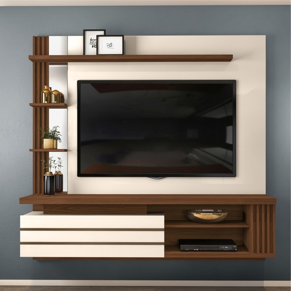 Painel Para Tv Raoni Ripado Com Espelho Creme Caiena