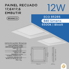 Painel Recuado De Embutir 12w 17,6x17,6 Quadrado Bivolt Branc