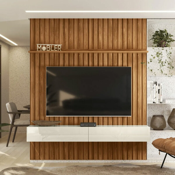 Painel Ripado De Parede Com Gaveta 2 00x2 65  Slatted Mdp Mel