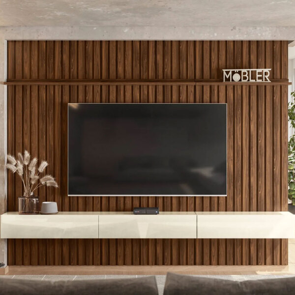 Painel Ripado De Parede Com Gaveta 3 00x2 65  Slatted Mdp Cas