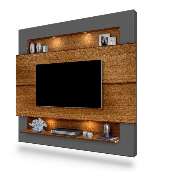 Painel Suspenso Com Prateleiras E Led Carvalho New / Cinza Tv