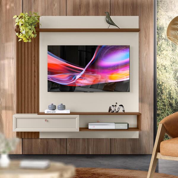 Painel Suspenso Tv Até 55 Polegadas Ripado Freijó Off White G