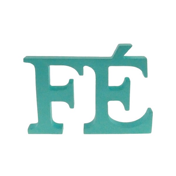 Palavra Fé Em Resina Decorativa Presente Azul Tiff.12x19x2cm