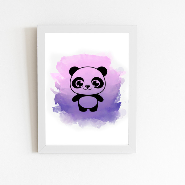 Panda Desenho Animais Roxo Quadro Moldura Branca 60x40cm