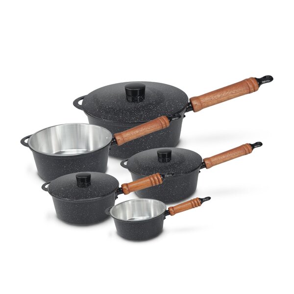 Panela Fundida Alumínio Batido 5 Peças Cabo De Madeira Tampa