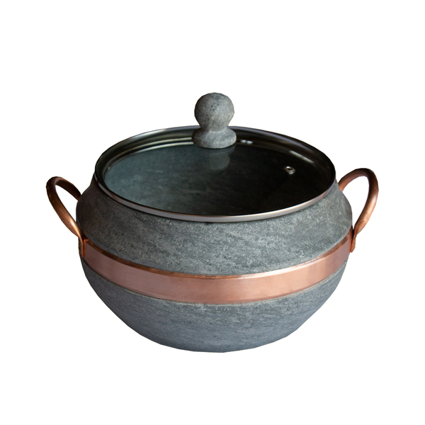 Panela Pedra Sabão Com Alças Em Cobre E Tampa De Vidro 3000ml