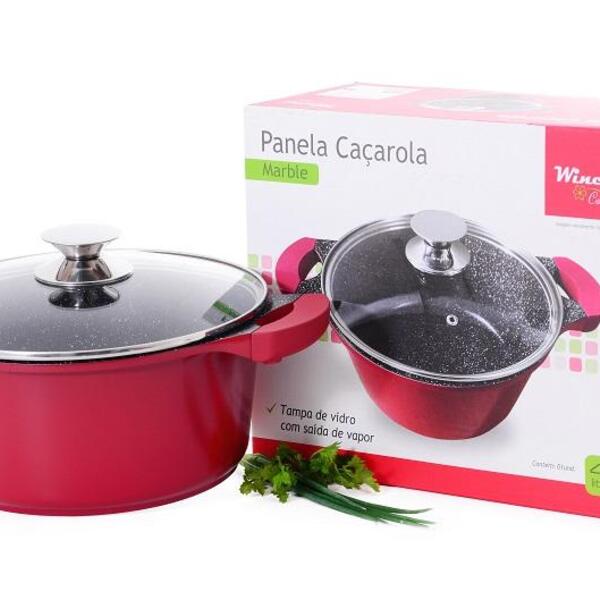 Panela Vermelha Tampa De Vidro Inoxidável 4.3l