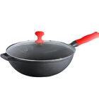 Panela Wok Ferro Tampa Vidro Cabo Silicone 28cm Vermelha