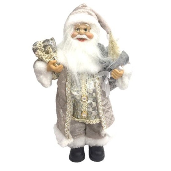 Papai Noel Casaco Cinza Perolado Luxo 30cm Presente E Pinheir