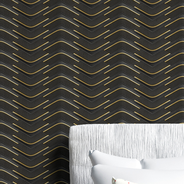 Papel De Parede 3d Auto Adesivo Geométrico Linha Onda Dourada
