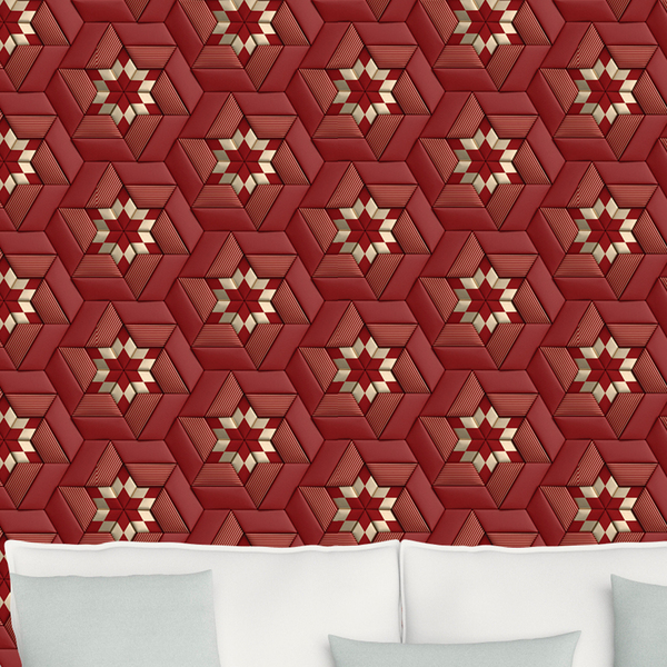 Papel De Parede 3d Auto Adesivo Geométrico Vermelho E Dourado