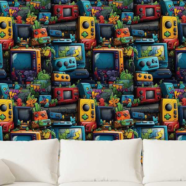 Papel De Parede 3d Grafite Gamer Colorido Auto Colante Arte G