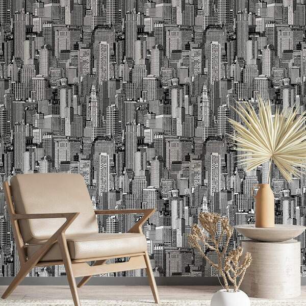 Papel De Parede Abstrato Prédios Preto E Branco-60x300cm