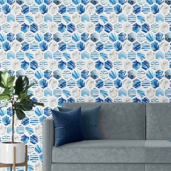 Papel De Parede Adesivo Abstrato Sala Estilo Floral Azul 3m