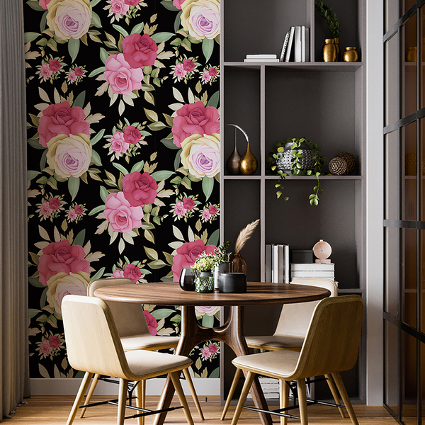 Papel De Parede Adesivo Azulejo  Preto Com Rosas  2,80m