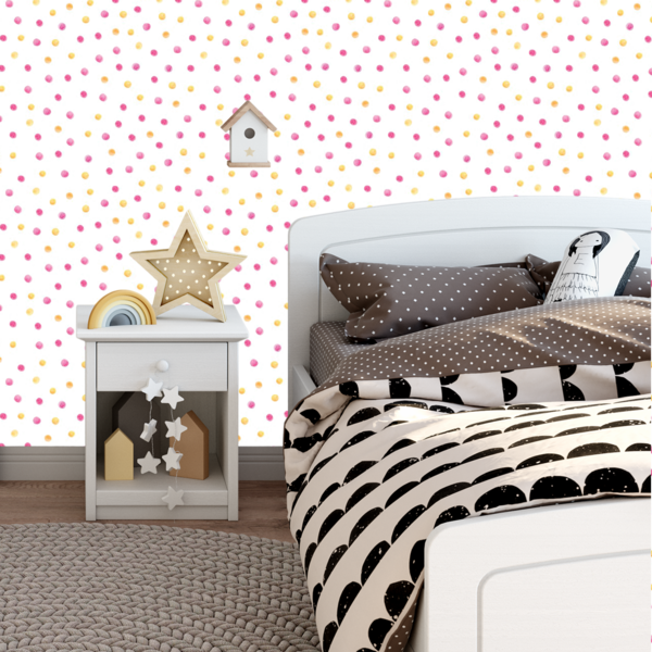 Papel De Parede Adesivo Bolinha Rosa Amarela Aquarelada 9m