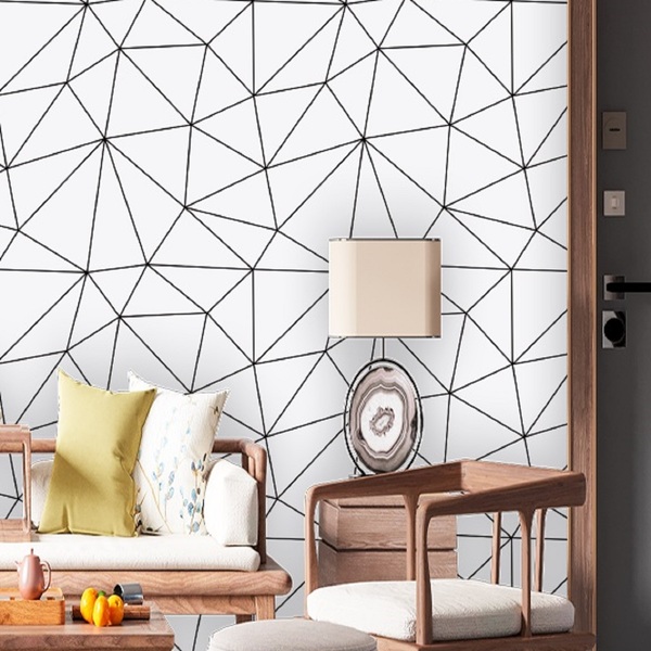 Papel De Parede Adesivo Branco Linhas Pretas Geométricas 9m
