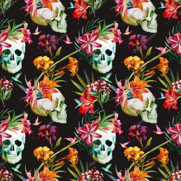 Papel De Parede Adesivo Caveiras Com Flores Fundo Preto 9mx50