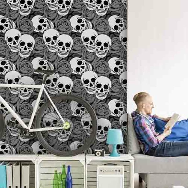 Papel De Parede Adesivo Caveiras E Rosas 0313
