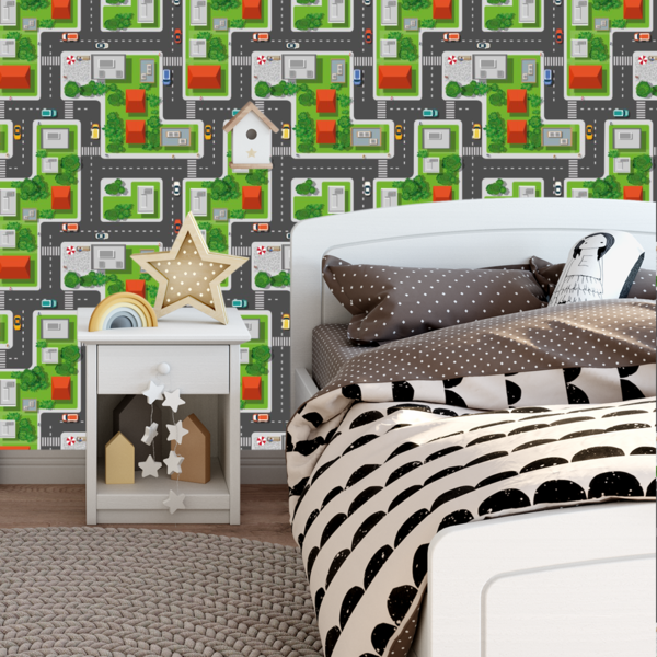 Papel De Parede Adesivo Cidade E Pista De Carrinhos 12m