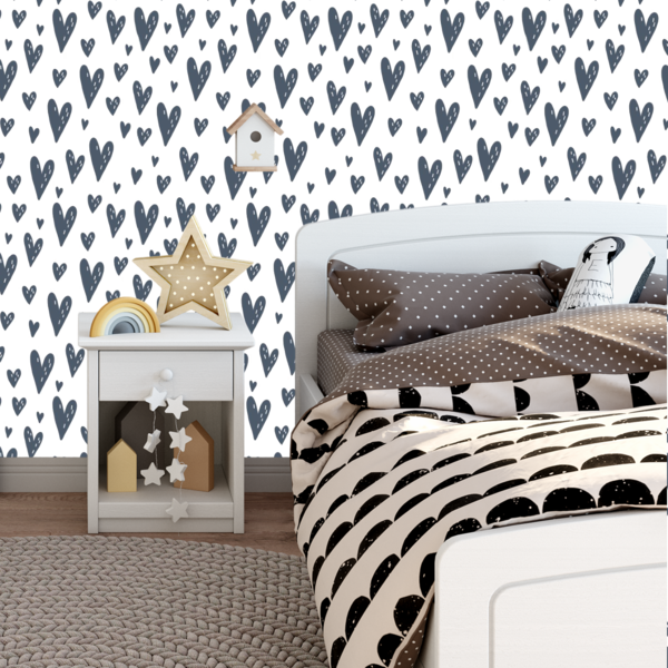 Papel De Parede Adesivo Corações Cinza Para Quarto Bebê 6m