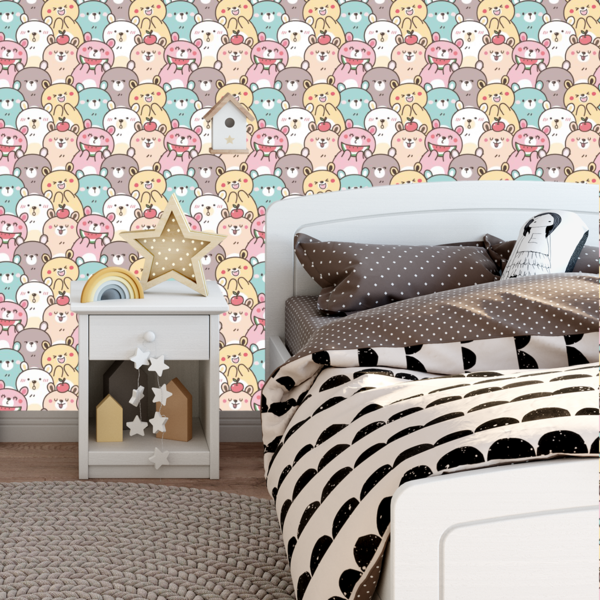Papel De Parede Adesivo Desenho De Ursinhos Coloridos 15m