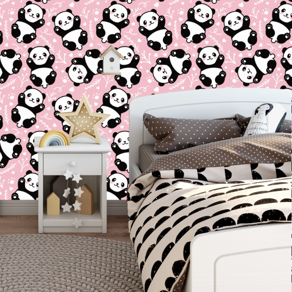 Papel De Parede Adesivo Desenho Panda Com Fundo Rosa 9m
