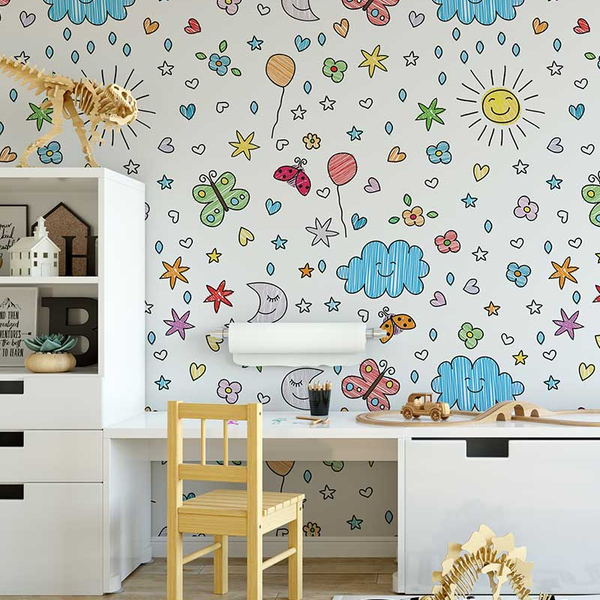 Papel De Parede Adesivo Desenhos Infantis Céu Sol Estrelas E