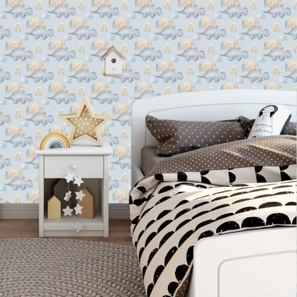 Papel De Parede Adesivo Dinossauro Baby Fundo Azul 3m