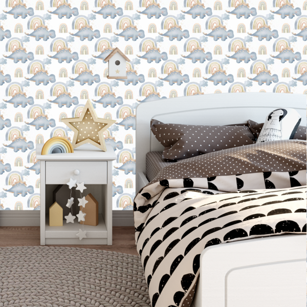 Papel De Parede Adesivo Dinossauro Baby Fundo Off White 3m