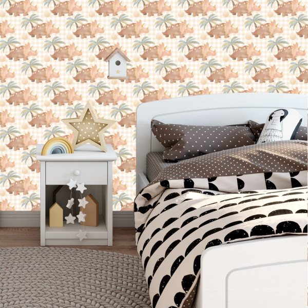 Papel De Parede Adesivo Dinossauro Coqueiro E Xadrez  15m