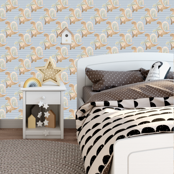 Papel De Parede Adesivo Dinossauro Coqueiro Fundo Azul 12m