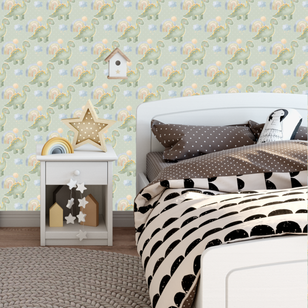 Papel De Parede Adesivo Dinossauro Fundo Bolinha Verde 6m