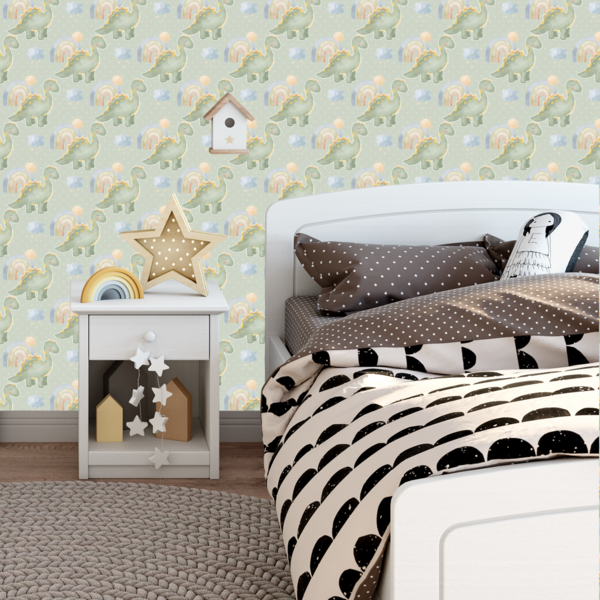 Papel De Parede Adesivo Dinossauro Fundo Bolinha Verde 9m