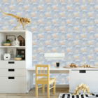Papel De Parede Adesivo Dinossauro Fundo De Bolinha Azul 6m
