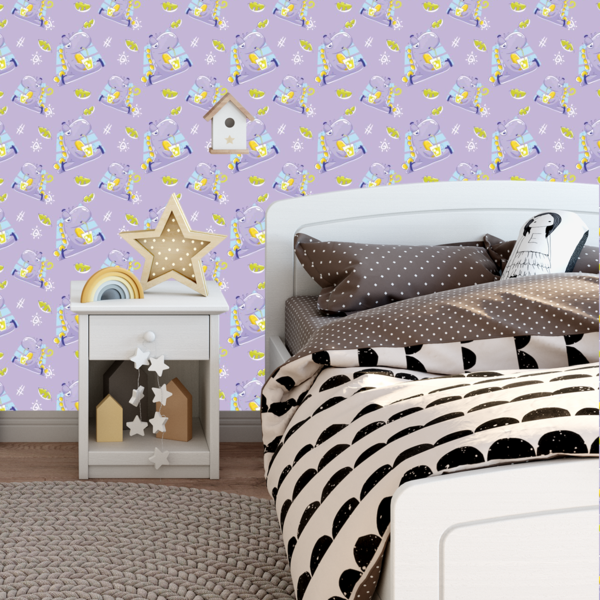 Papel De Parede Adesivo Dinossauro Fundo Lavanda Bebê 18m