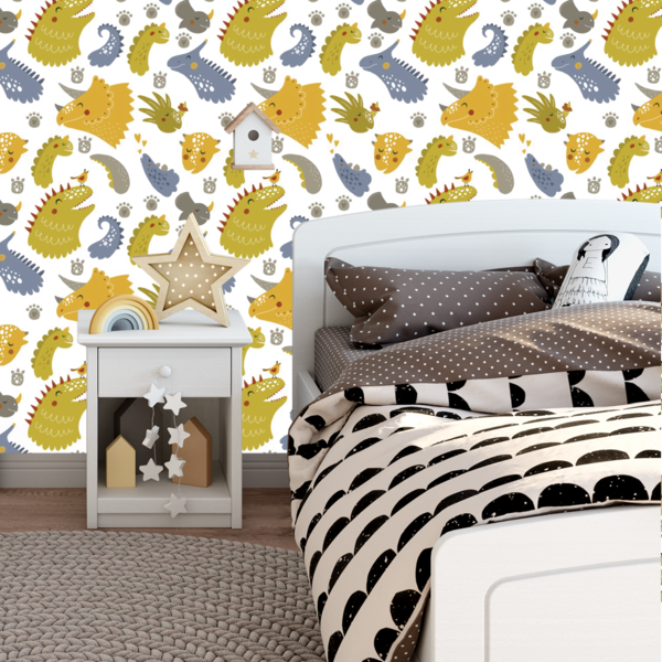 Papel De Parede Adesivo Dinossauros Amarelo Mostarda 9m